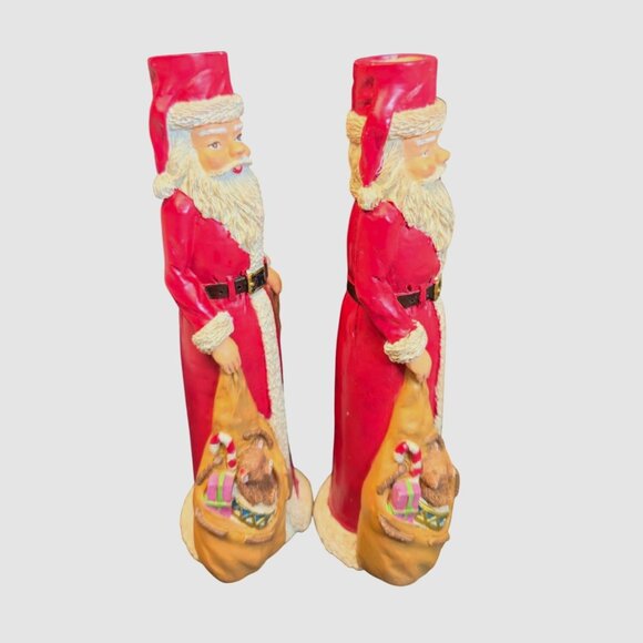 Vintage Santa candle stick holders carved Wood look Christmas candlestick set - Picture 4 of 10